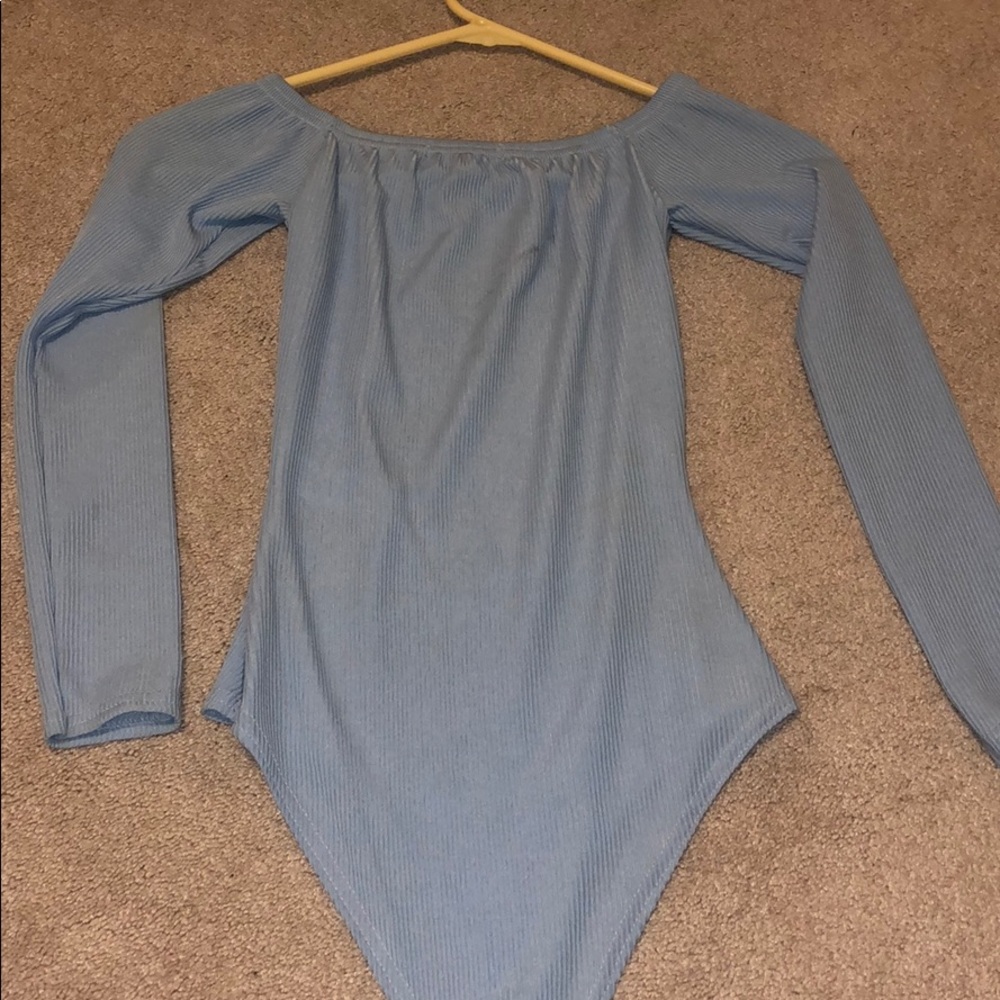 Blue ribbed off the shoulder body suit